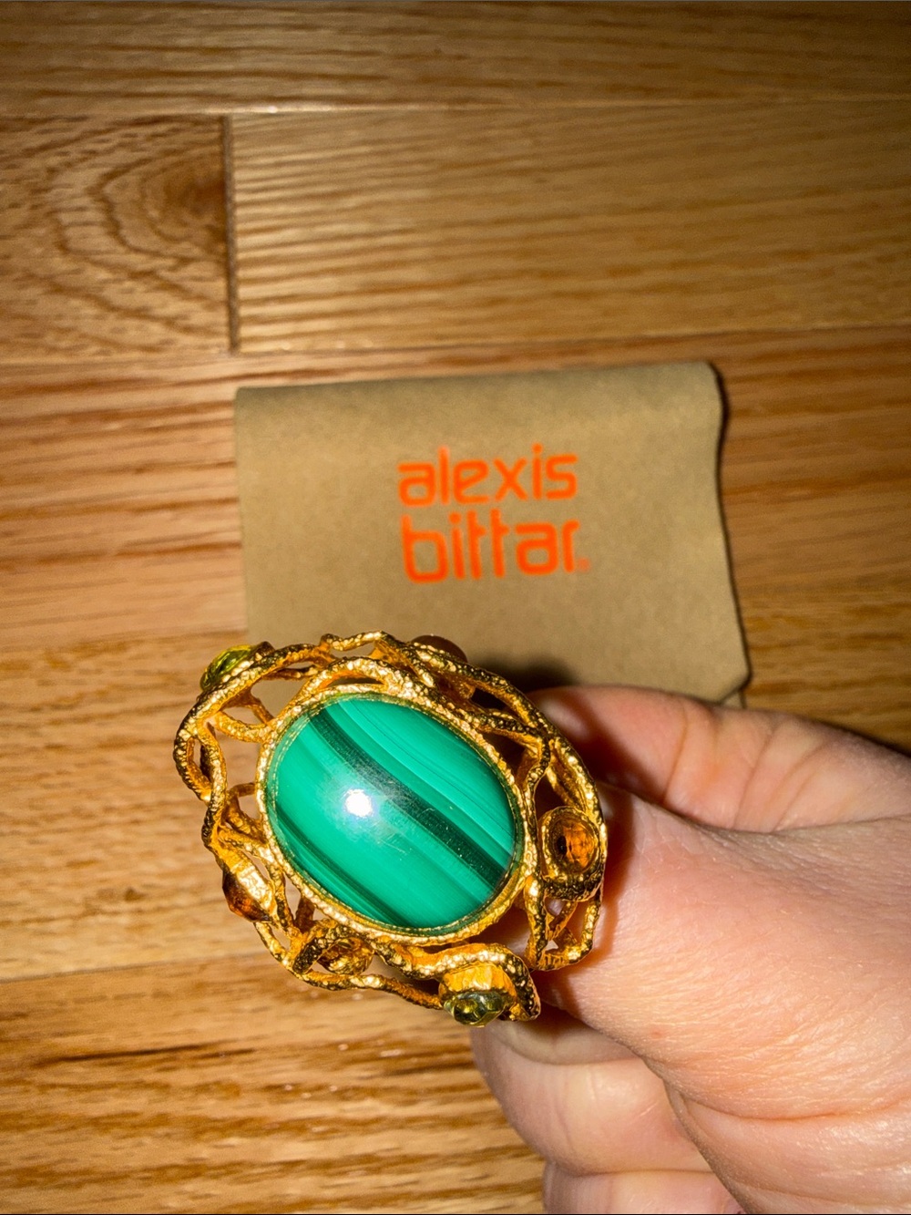 Alexis Bittar Malachite gold tone lattice design ring size 7